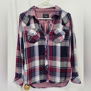 RAILS Kendra Tencel Button-Down Shirt in Navy and Burgundy Plaid Size XS